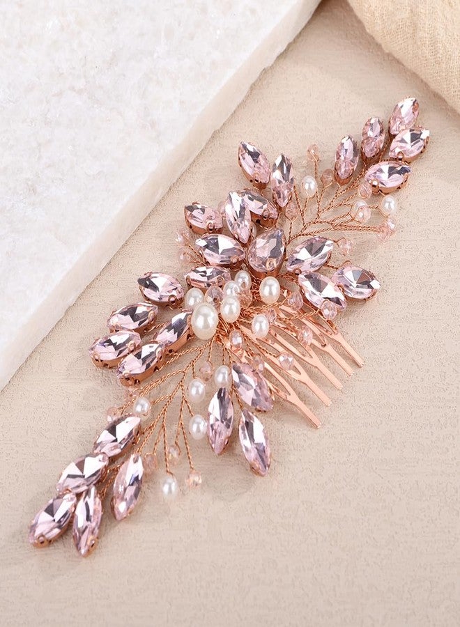 Rumtock Pink Crystal Hair Comb with Pearl Side Headpiece for Wedding Brides Women Handmade Jewelry (Pink) - Image 2